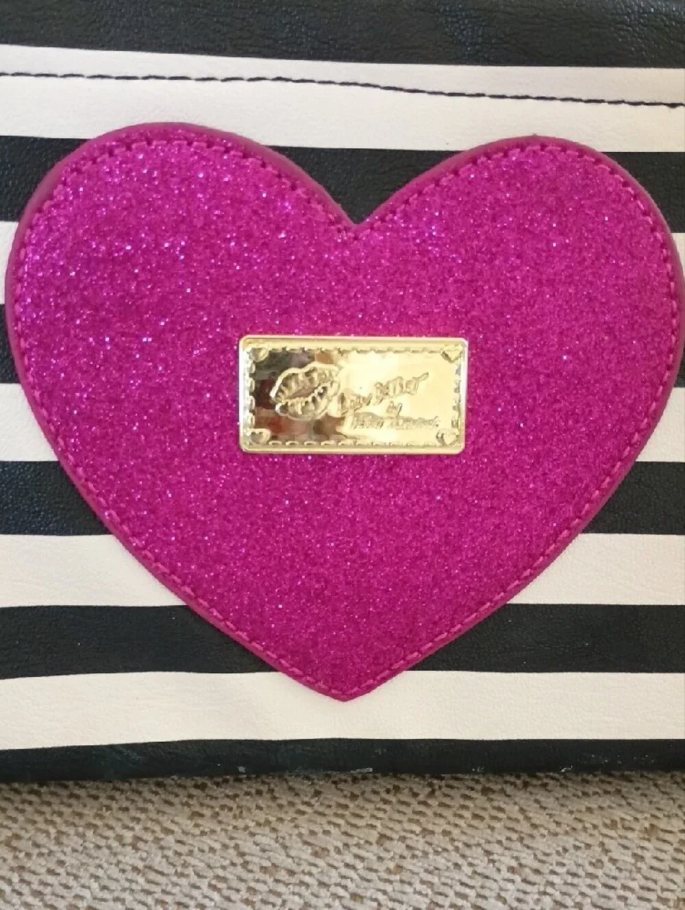 Betsey Johnson Black & White Striped Wristlet with Fuchsia Glitter Heart